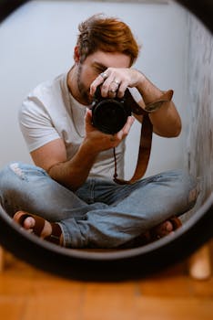 Artistic self-portrait of a man with short hair taking a photo in a mirror, wearing casual attire.