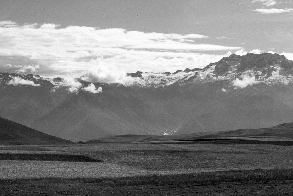 Black and White Shot of Winter Mountain Valley Landscape