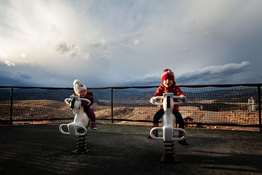 两个年幼的孩子在风景优美的户外操场上骑车玩耍