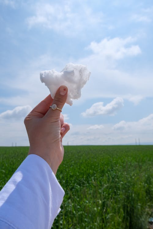 Woman Holding a Piece of Cotton against a Blue Sky and with White Clouds 