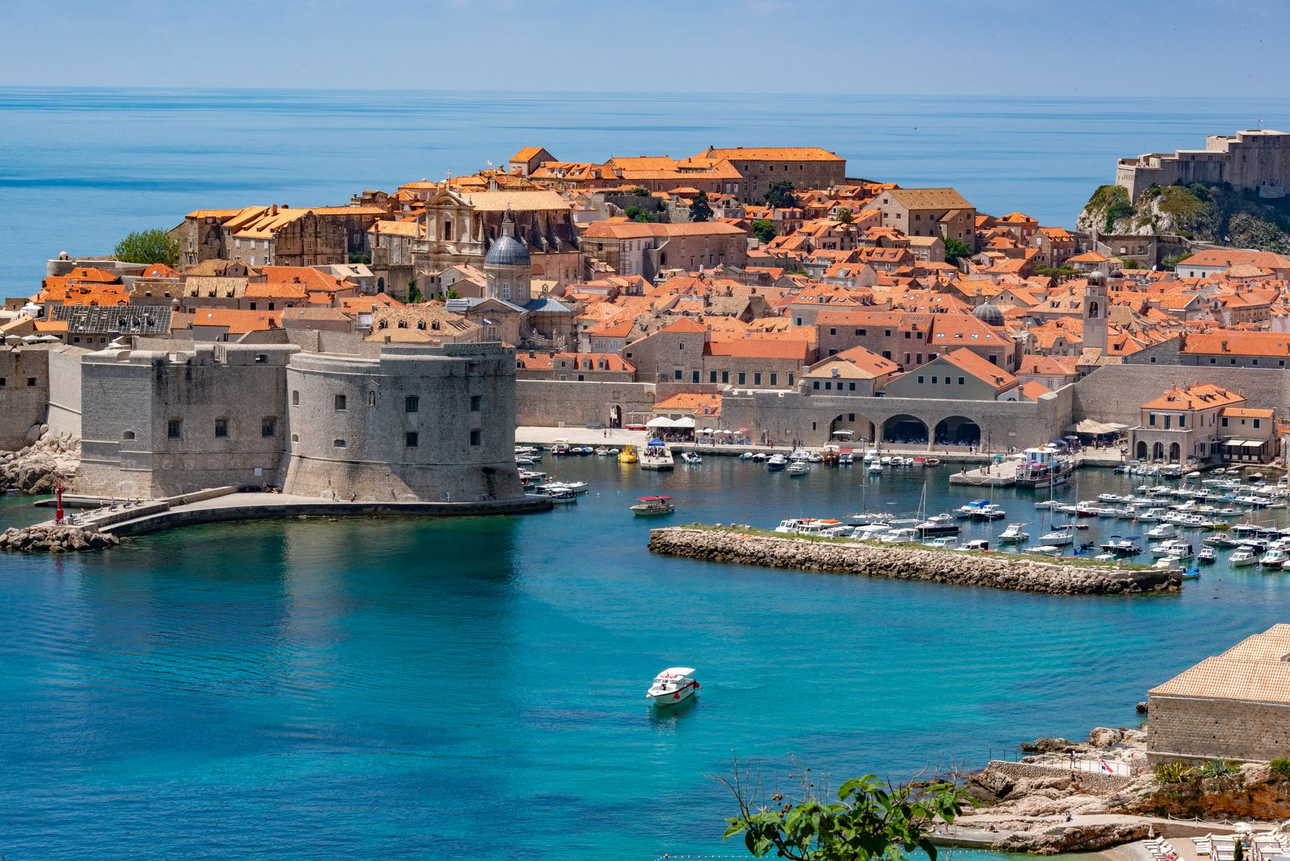 Coastal Adriatic highway D8 winding above cypress-lined bays south of Dubrovnik