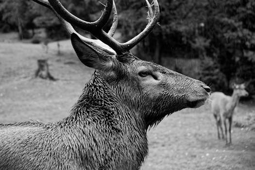 Majestic stag with antlers standing in the rain, showcasing natural wildlife in black and white.
