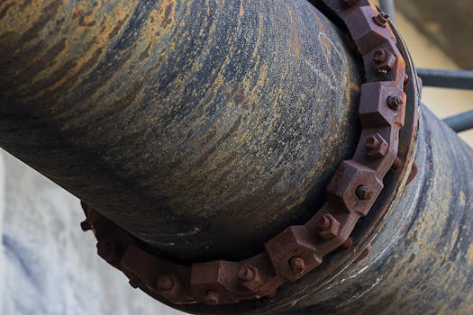 Close-up of a rusty industrial pipe showing corrosion and bolted fittings.