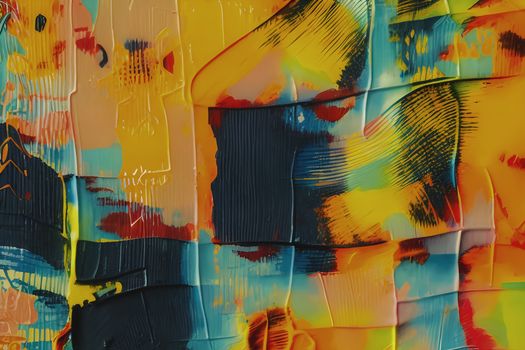 Colorful abstract acrylic painting with layered textures and vivid hues.