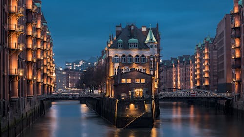 Illuminated Speicherstadt in Hamburg at Dusk, Germany 