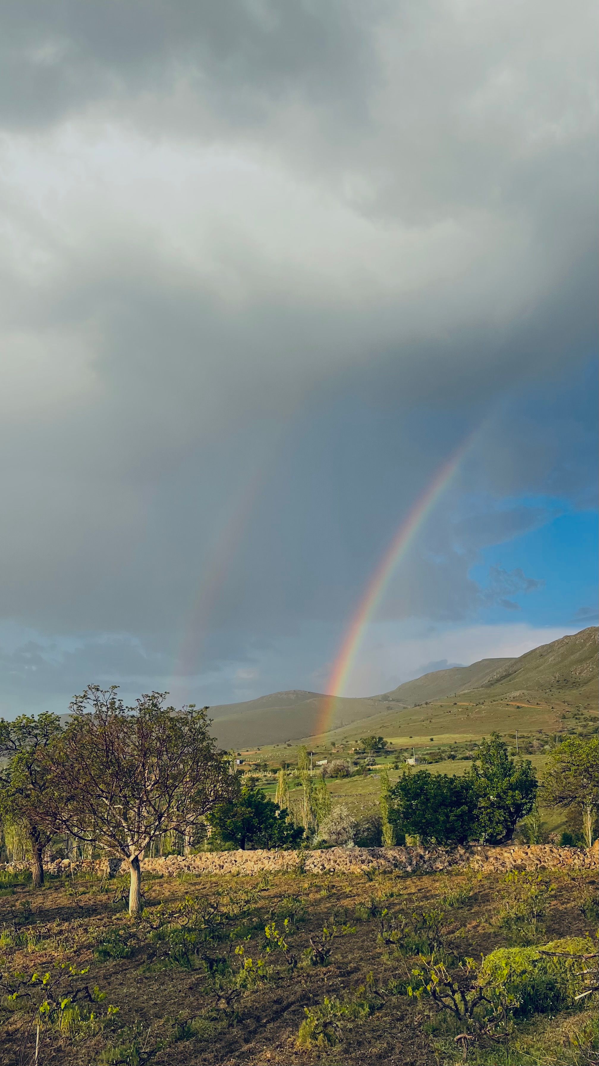 A stunning double rainbow arches over the lush countryside hills of Melikgazi, Kayseri, Türkiye.