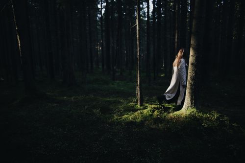 Free A lone woman walks gracefully through a dark, enchanting forest. Stock Photo