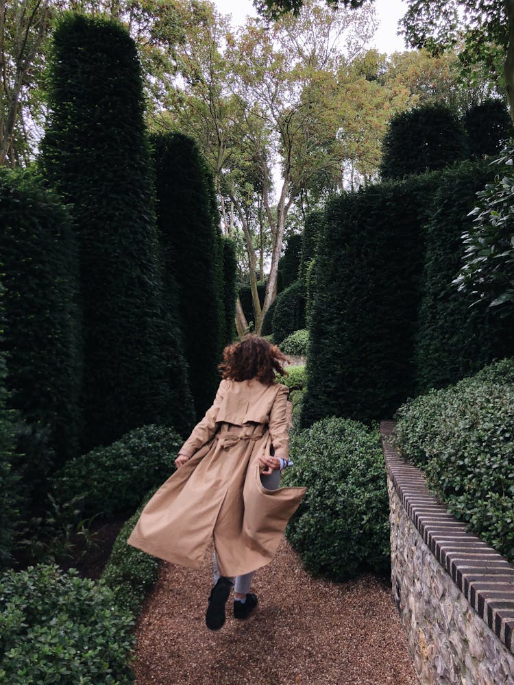 Back View Of A Woman In Brown Trench Coat Running Between Hedgerows