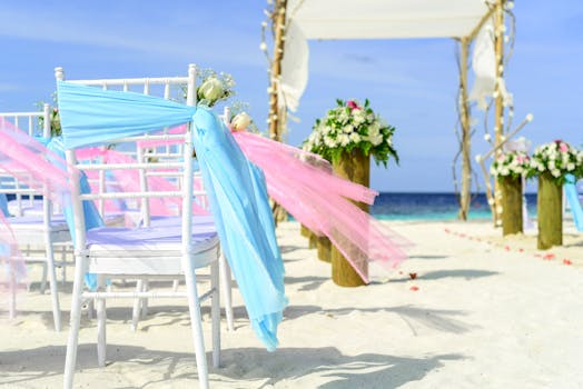 A beachfront wedding setup featuring decorated chairs and floral arrangements under a clear sky.