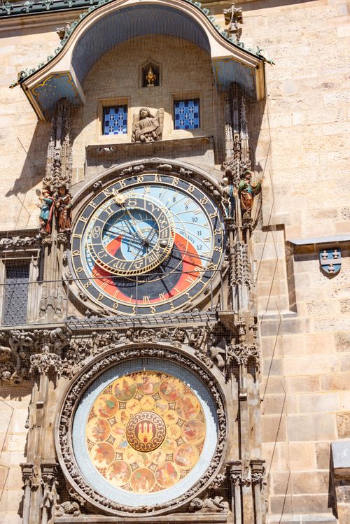 Free Close-up of the iconic Prague Astronomical Clock on a sunlit day. Stock Photo