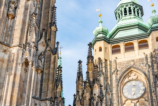 Close-up of St. Vitus Cathedral's gothic facade in Prague, showcasing its intricate architecture.
