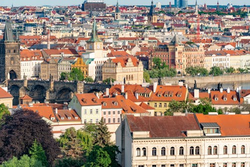 Aerial View of Buildings and the Charles Bridge in Prague, Czech Republic