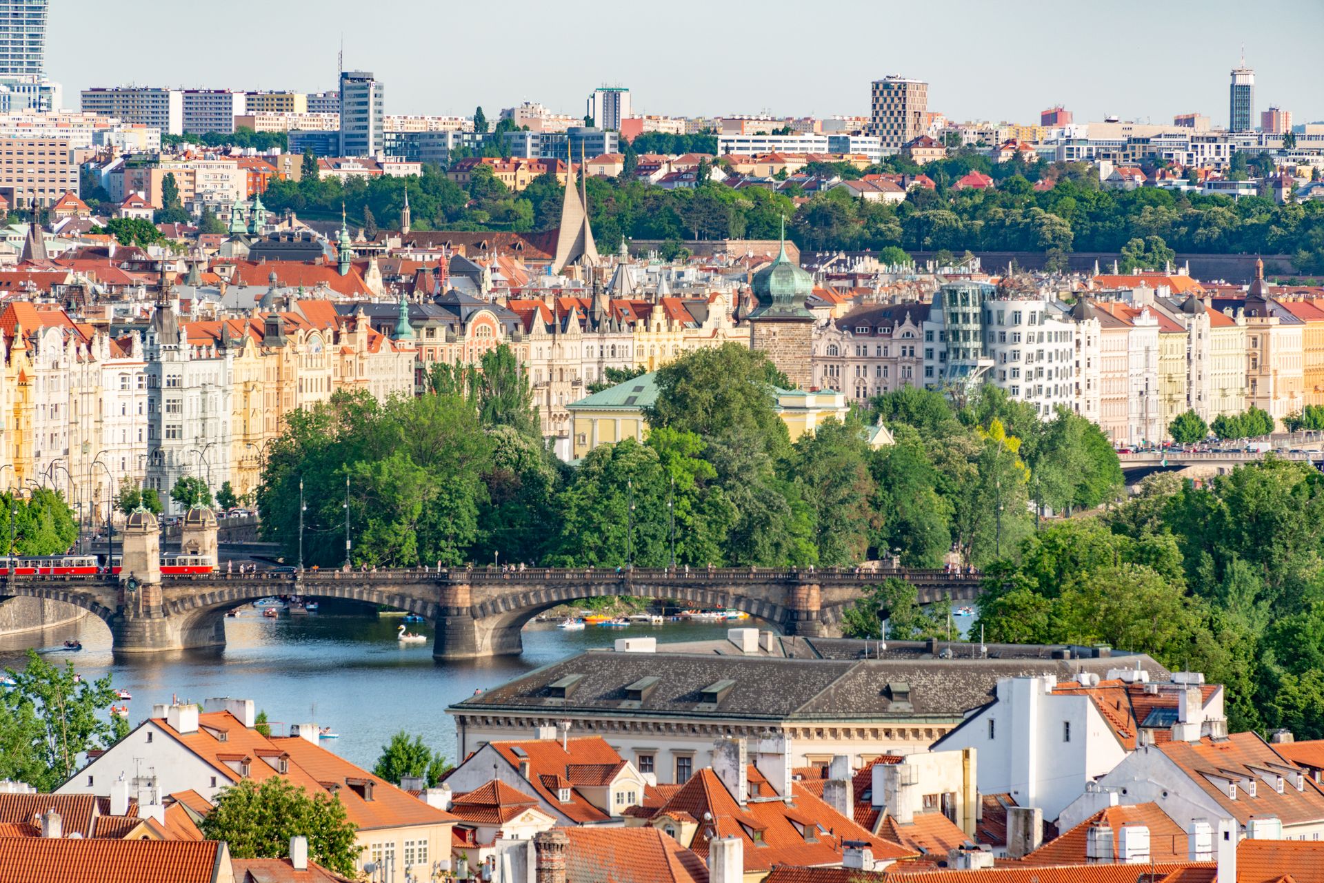 Aerial View of Buildings and the Charles Bridge in Prague, Czech Republic