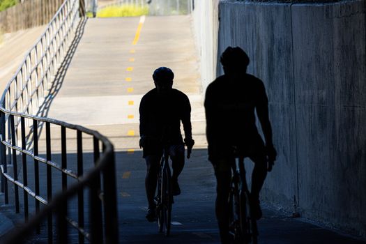 Silhouette of Men Riding Bicycles in a Tunnel 