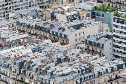 High-angle shot of Parisian rooftops showcasing classic architecture and urban layout.