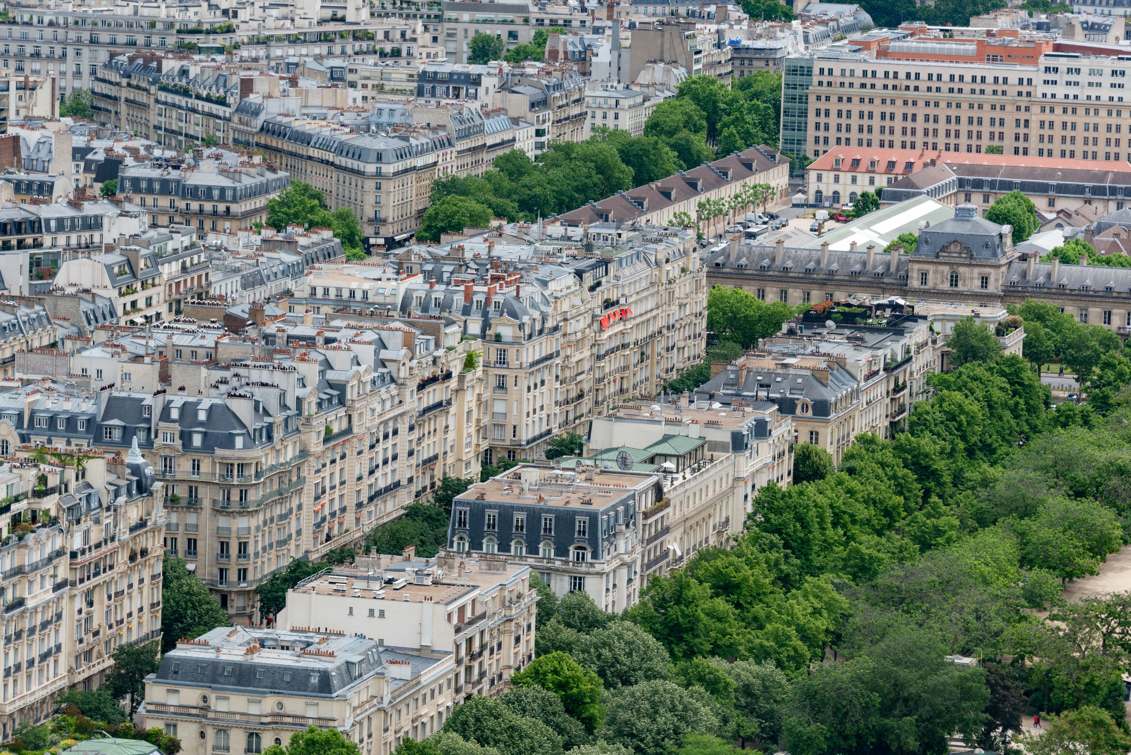 Stunning aerial view of classic Parisian architecture surrounded by greenery during summer.