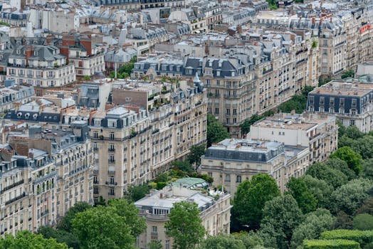Aerial cityscape capturing traditional Parisian architecture and greenery.