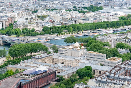 A vibrant aerial view of Paris highlighting the River Seine and cityscape, perfect for travel and architecture themes.