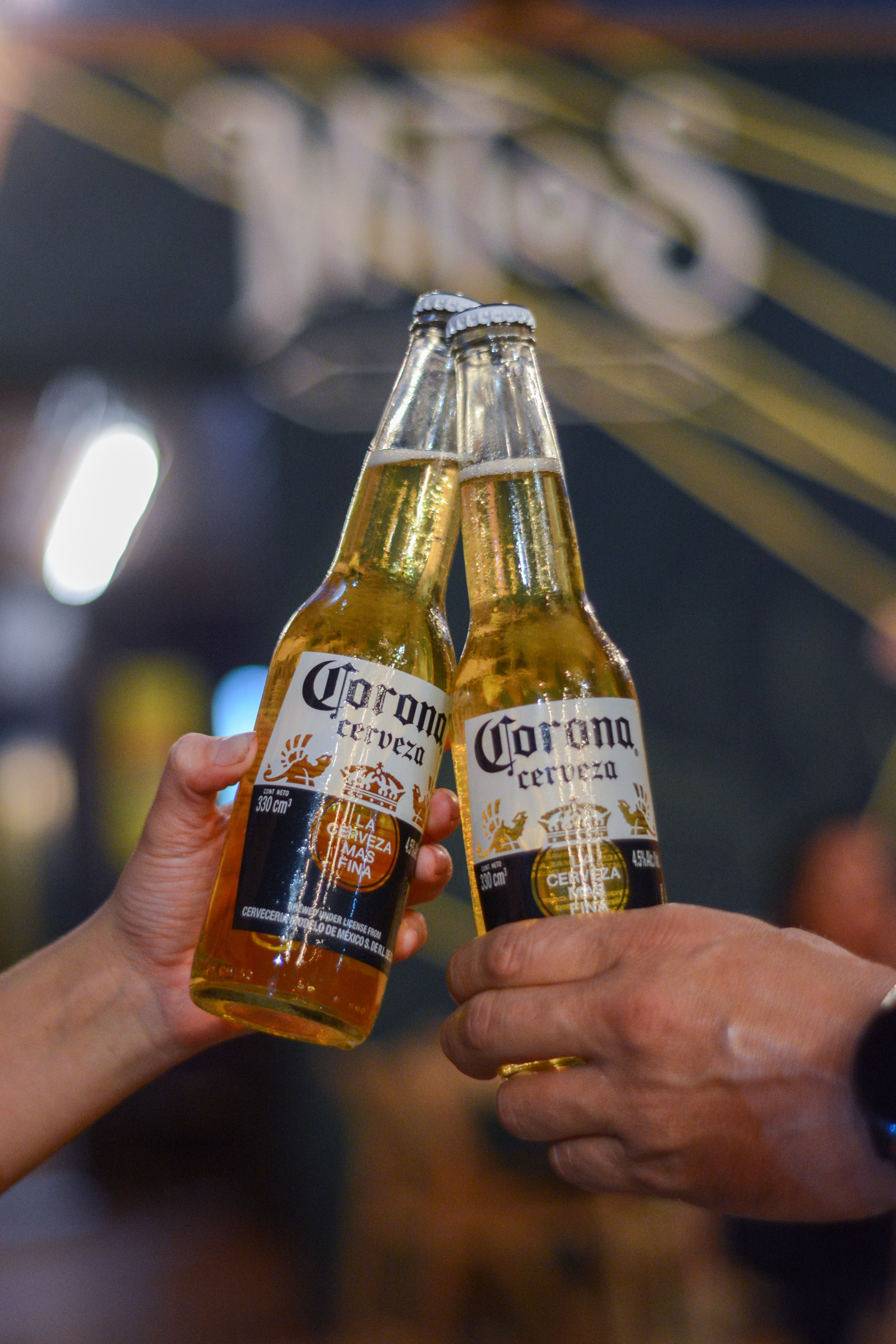 Two people clink beer bottles in a festive, celebratory toast indoors.