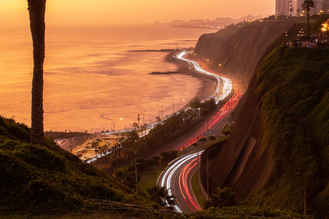 Long Exposure of Cars on the Drive along the Coast in Miraflores District, Lima, Peru 