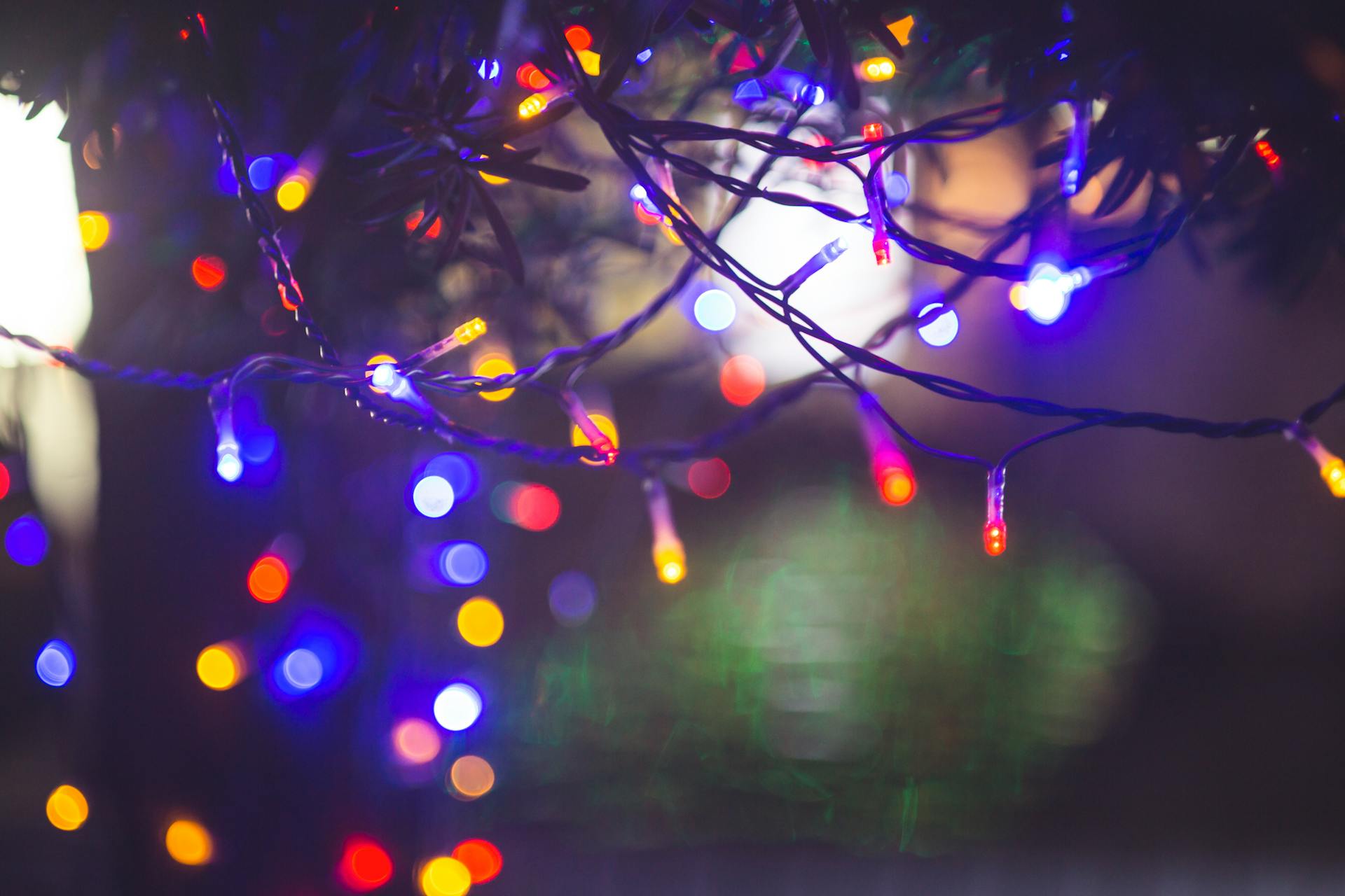 Colorful Christmas lights glowing warmly in a dark setting, creating a festive mood.