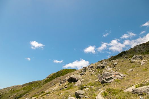 A peaceful mountain hillside scene featuring a clear blue sky and scattered rocks.