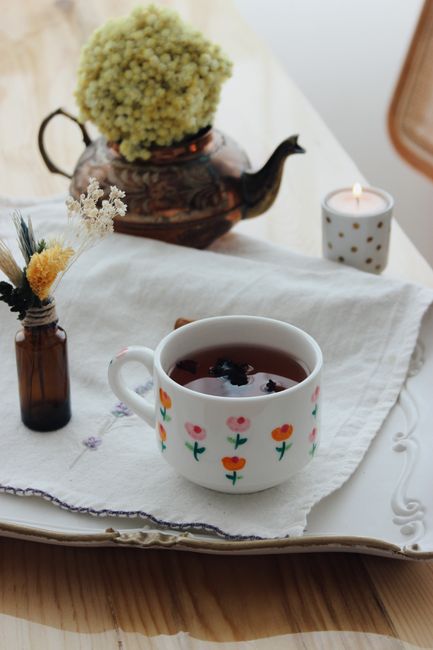 herbal tea cup wooden table