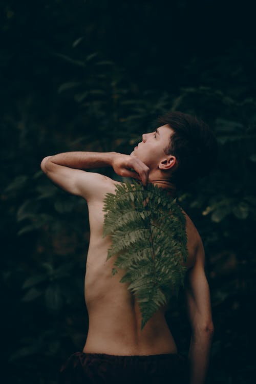緑のシダ植物で背中を覆っている間立っているトップレスの男