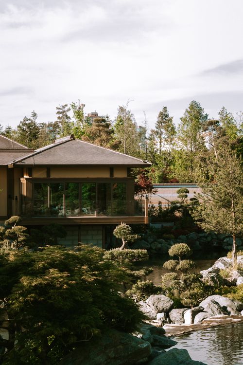 Free Serene bungalow near a tranquil garden pond, perfect for a summer escape. Stock Photo