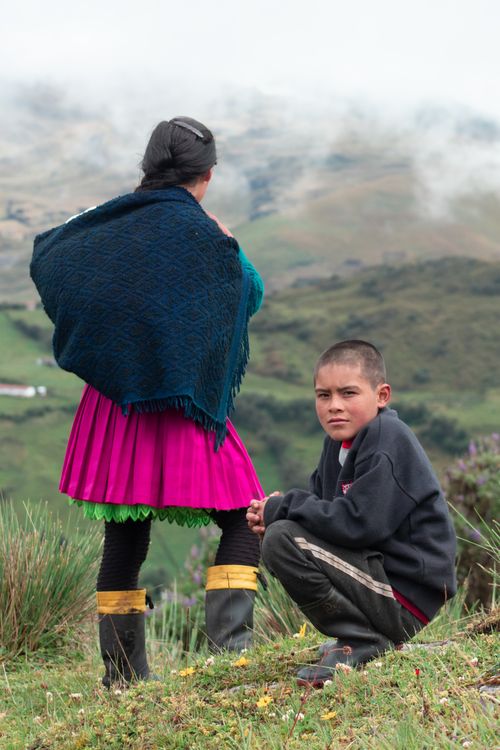 Free Peruvian children in traditional attire amidst the scenic Andes landscape in Sorochuco, Cajamarca. Stock Photo