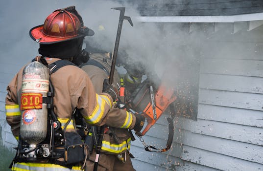 Photo by Walter Leininger Firefighters using a power tool to cut through smoke-filled building exterior.