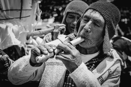 Free Black and white photo of a Peruvian musician playing the pan flute, showcasing traditional culture. Stock Photo