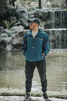 Man wearing sportswear stands by a pond with a waterfall, showcasing casual fashion.