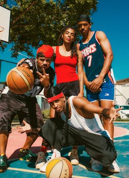 A vibrant outdoor portrait of four diverse young adults posing confidently on a basketball court.