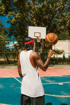 Man spinning basketball on outdoor court during sunny day training.