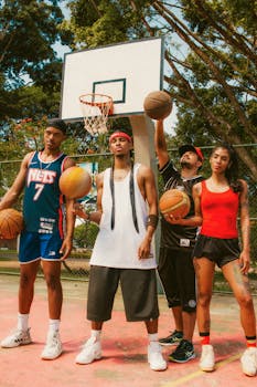 Group of diverse young adults playing basketball on an outdoor court in summer.