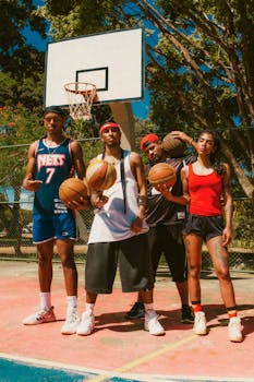 Group of young adults enjoying a sunny day on a basketball court.