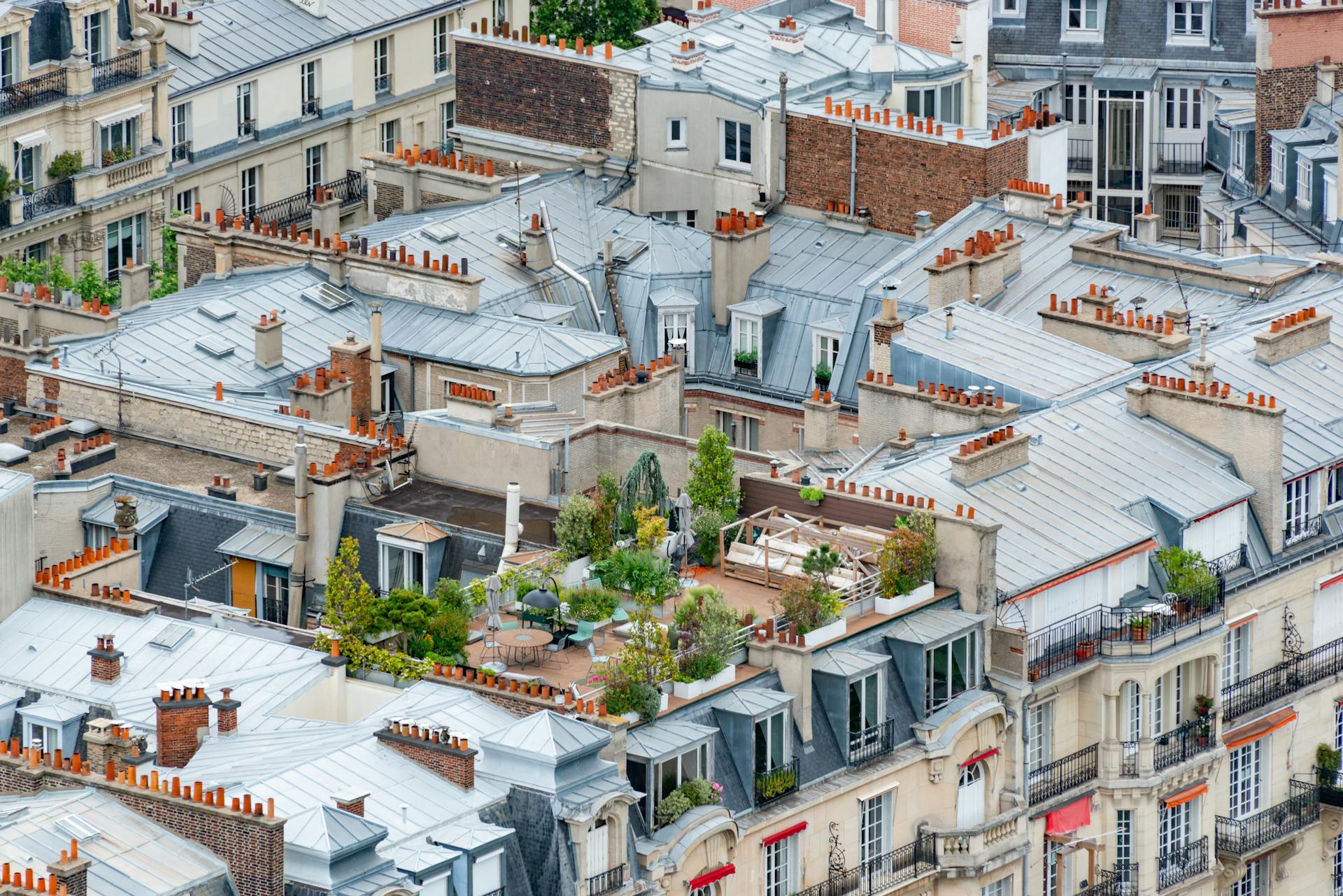 Aerial view of Paris rooftops with charming gardens and terraces, showcasing urban greenery.