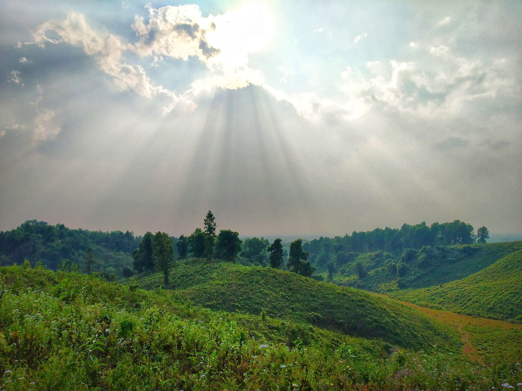 Scenic landscape with sunrays over lush green hills in Sherpur District, Bangladesh. — free online jigsaw puzzle on JigsawPuzzlesFreeOnline.org