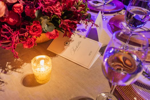 A beautifully decorated dinner table with floral arrangements and candlelight, perfect for sophisticated gatherings.