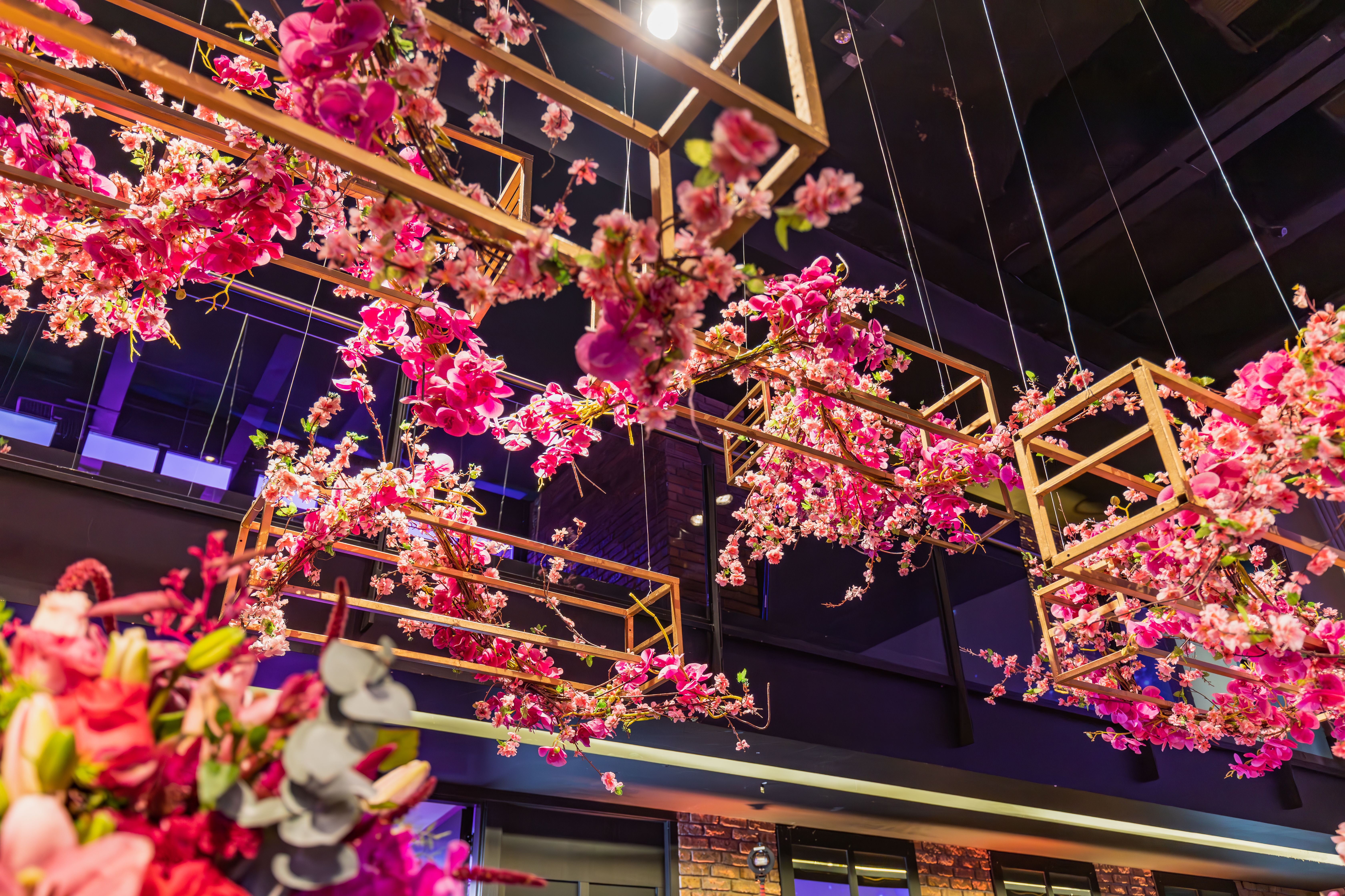 Overhead floral installation suspended above a wedding reception dance floor - a lush cloud of white roses, trailing greenery, and dried lunaria with warm Edison bulb string lights woven through the a