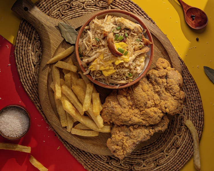 Meat, Fries And Food In Bowl