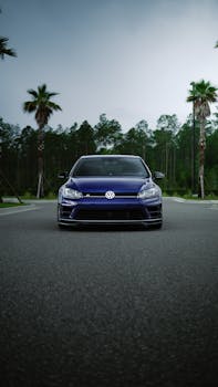 A striking blue Volkswagen Golf car parked on an asphalt road bordered by palm trees.