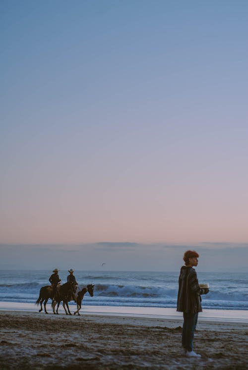 Silhouette of People on a Horse on a Beach 