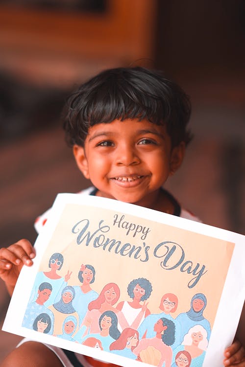 Smiling Woman Posing with Wishes for Womens Day