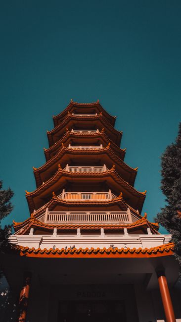 A stunning view of the Nan Tien Pagoda against a clear blue sky in Wollongong, NSW, Australia.