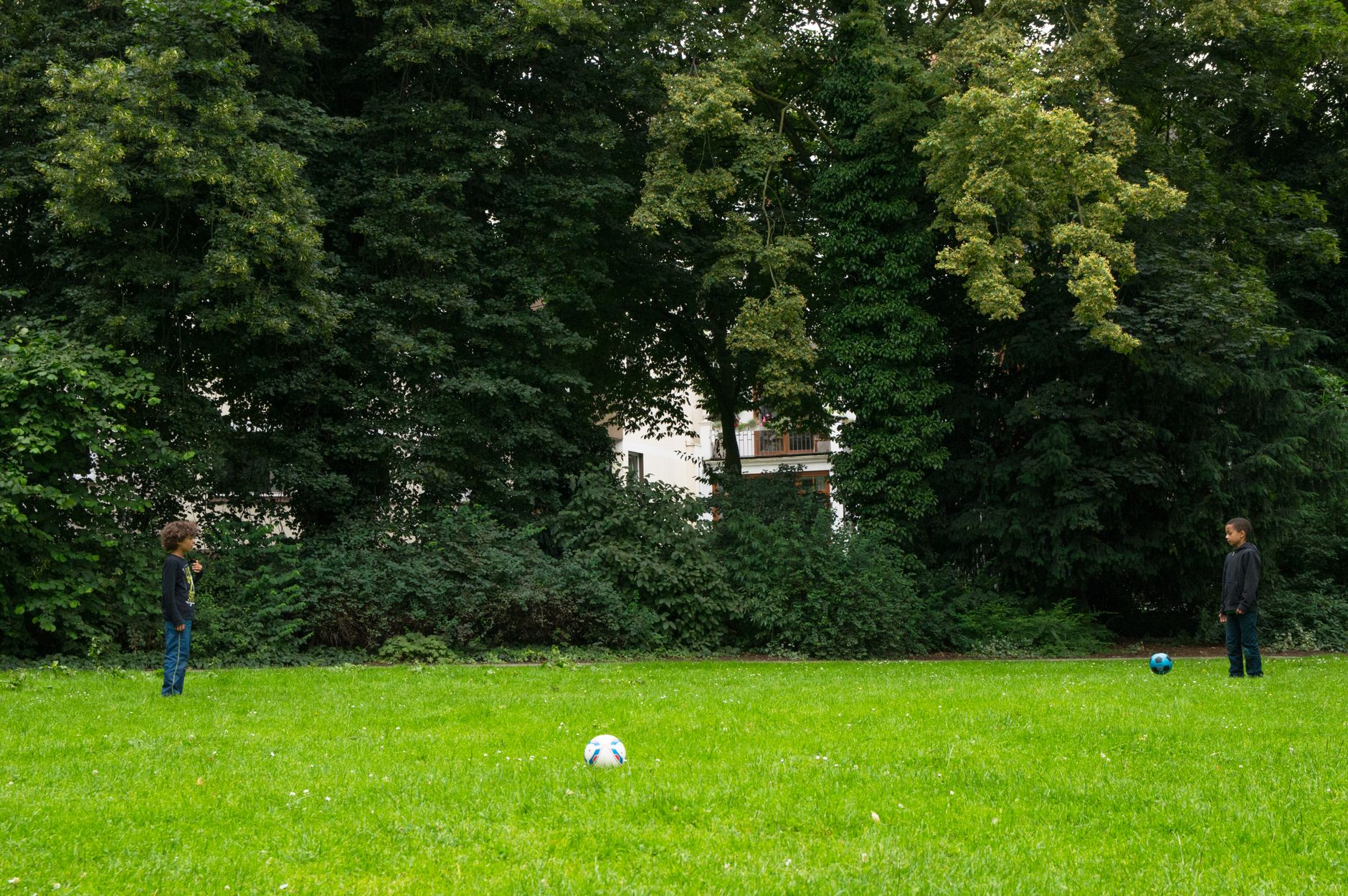 Two boys engage in a casual soccer game in a verdant park, surrounded by green foliage.