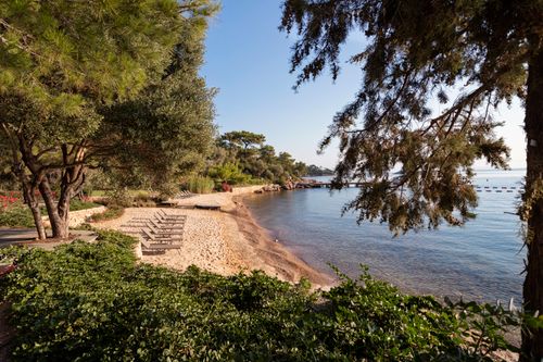 Free Tranquil beach with sunbeds and lush greenery in Bodrum, Turkey. Stock Photo