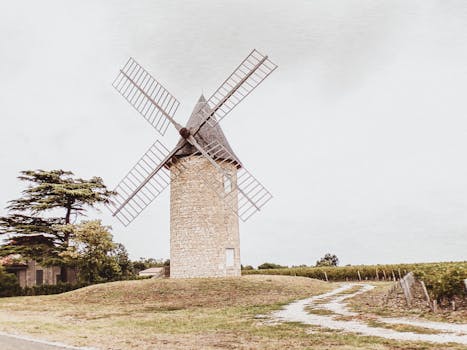 Charming stone windmill in a picturesque French rural setting surrounded by greenery.