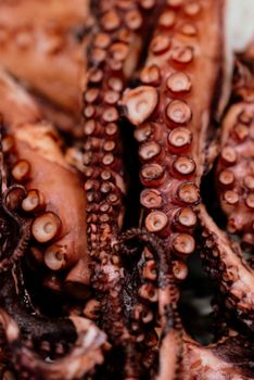 Detailed close-up of fresh octopus tentacles, highlighting their texture and natural color.